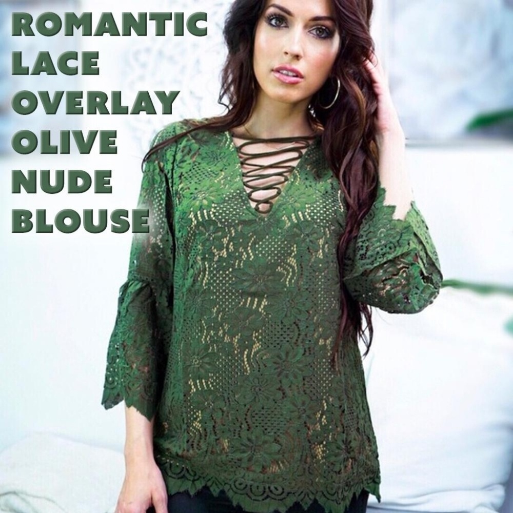 Blouse Romantic Lace Overlay/Olive Nude Underlay